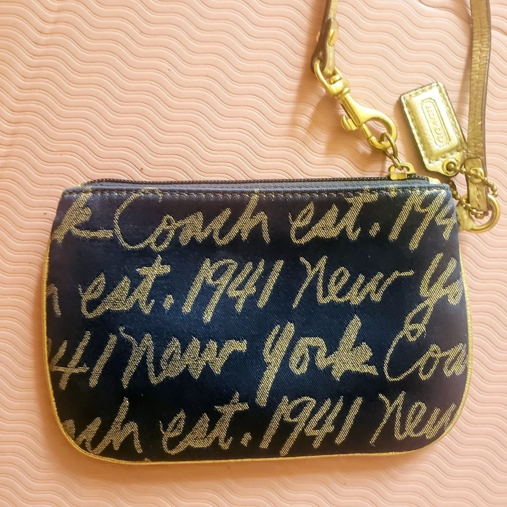Coach Poppy New York Script Heart Lurex Small Wristlet Navy and Gold